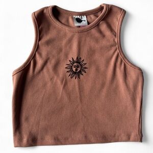 Brown Sleeveless Crop Top with Sun Design Boho Girlie Euro Summer Cute Small